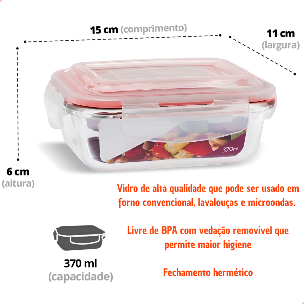KIT 4 Pote de Vidro hermético 370ml marmita fitness papinha retangular · foto 2