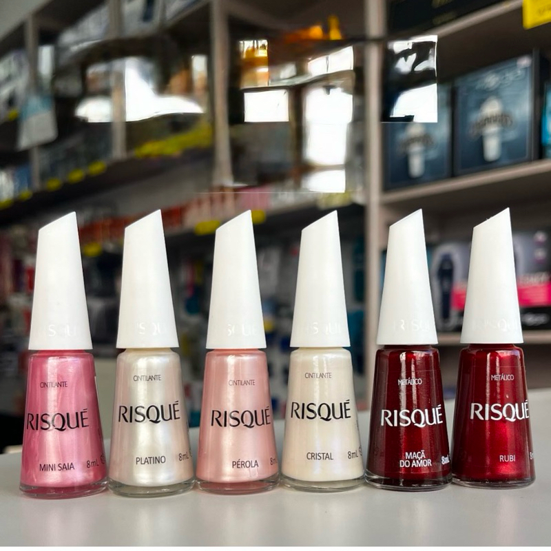 Kit 6 Esmalte Risque , Mini Saia , Platino, Pérola , Cristal , Maçã do Amor e Rebu em Oferta na Shopee