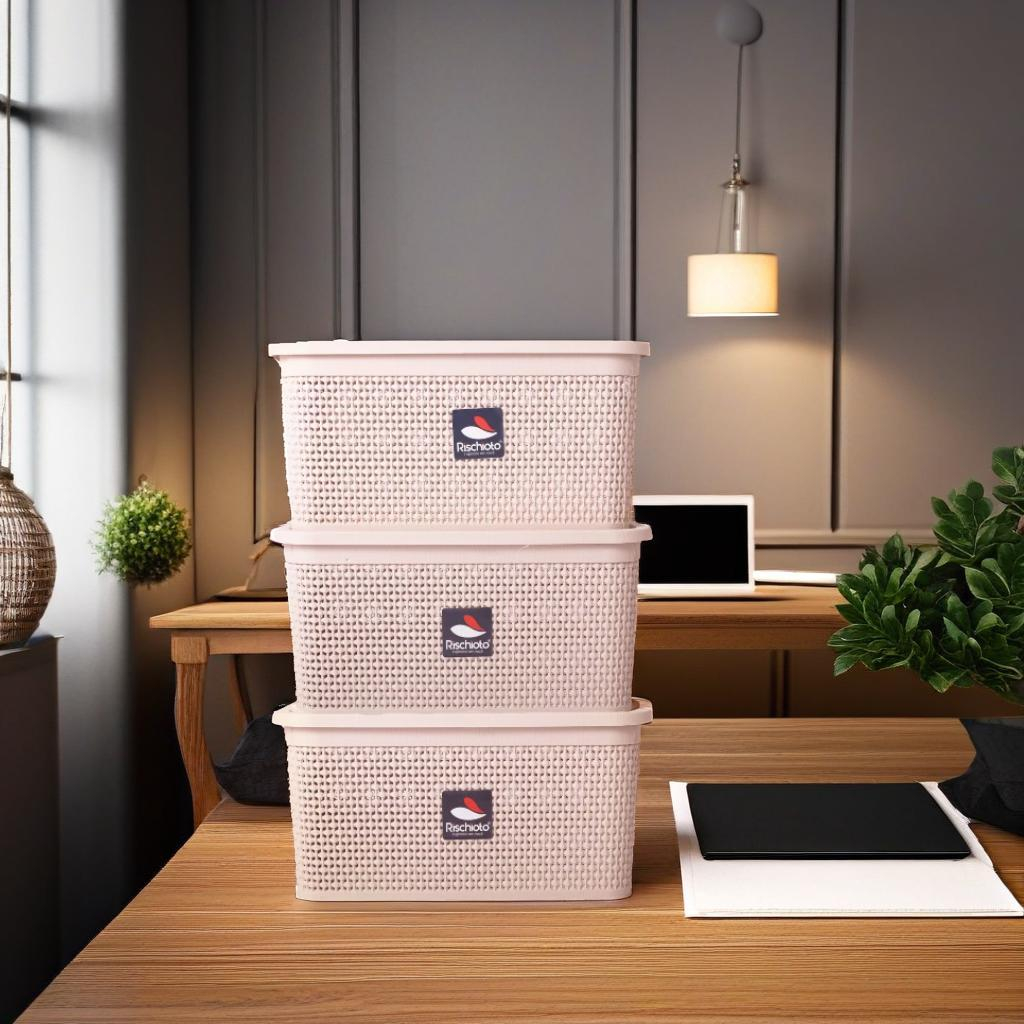 kit com 03 Caixa/Cestos:15,0 L/ Caixa organizadora Rattan Tampa/Praticidade/Elegância/Armazenamento