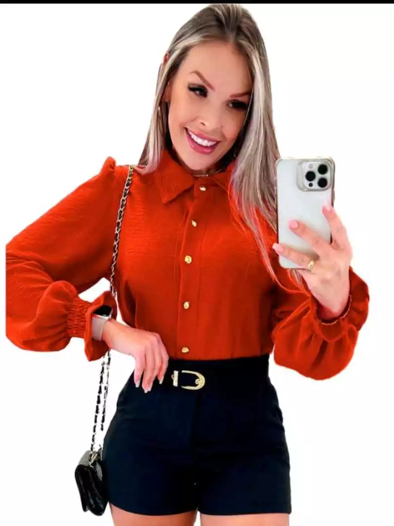 Blusa Feminina Elegante Manga Bufante Terracota Social Chic Moda 2026 Roupa Feminina Tendência — imagem 1