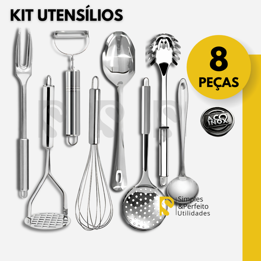 Kit Utensílios 8 Peças Garfo Amassador Descascador Escumadeira Pegador de Macarrão Concha de Feijão