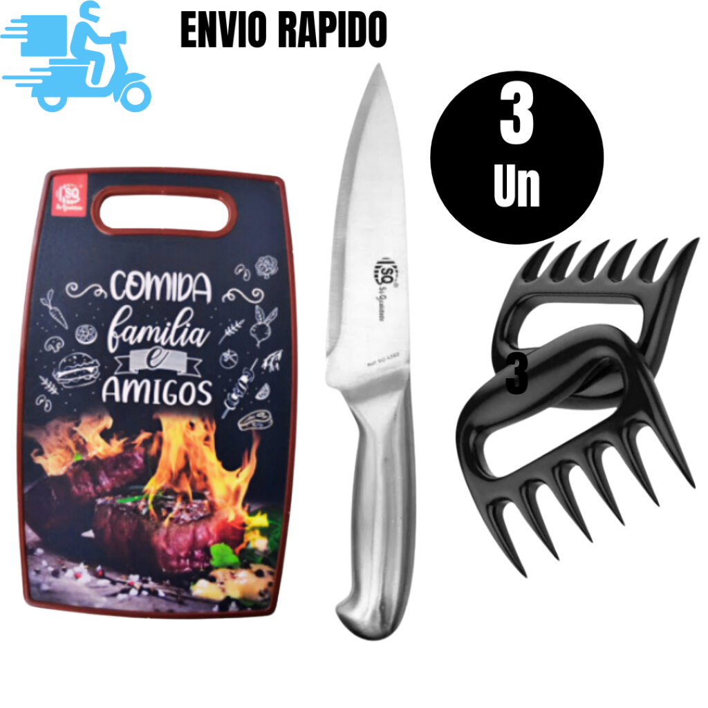 Kit Churrasco Profissional 3 Peças Tábua 20x30 + Faca Texas 7 + Garra Desfiadora de Carne