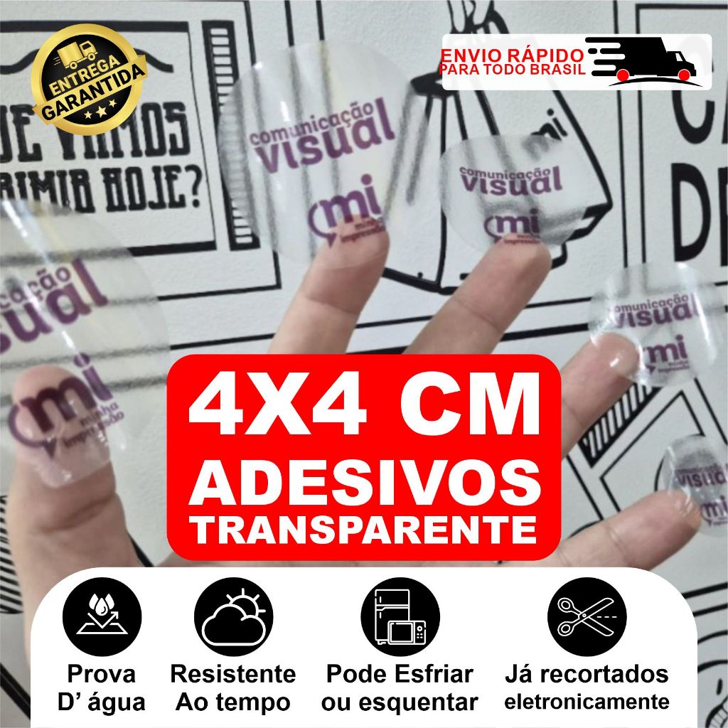1000und / 400 und / 200und  4x4cm Adesivo Personalizado TRANSPARENTE c/ Sua Logo a Prova d' Água