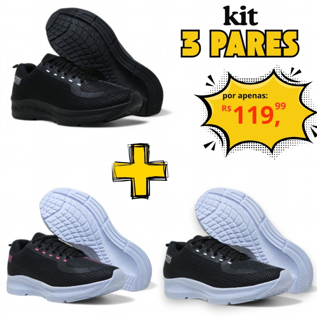 Kit 3 Pares Tênis Masculino Feminino Caminhada Academia Confortável Qualidade Original