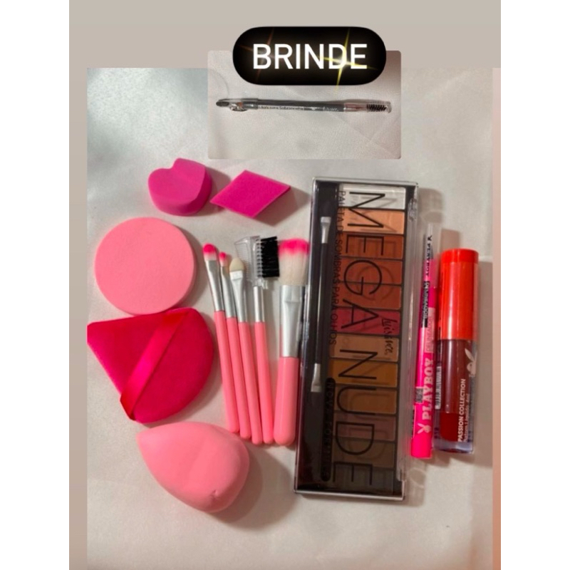 kit Paleta de sombra 12 cores nudes 1 kit pincéis 1 kit esponjas 1 caneta delineadora 1 batom líquido