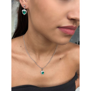 Conjunto colar e brinco pingente aço inoxidavel antialérgico coração cravejado