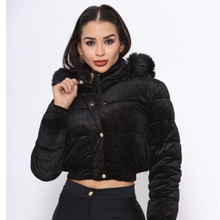 jaqueta puffer feminina tecido Suede toda peluciada por dentro com capuz removível vários cores alta qualidade em Oferta na Shopee