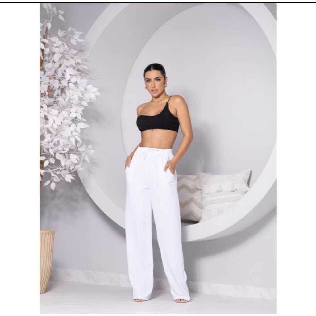 Calça pantalona Feminina Cintura Alta  Com Bolso De Tecido Duna