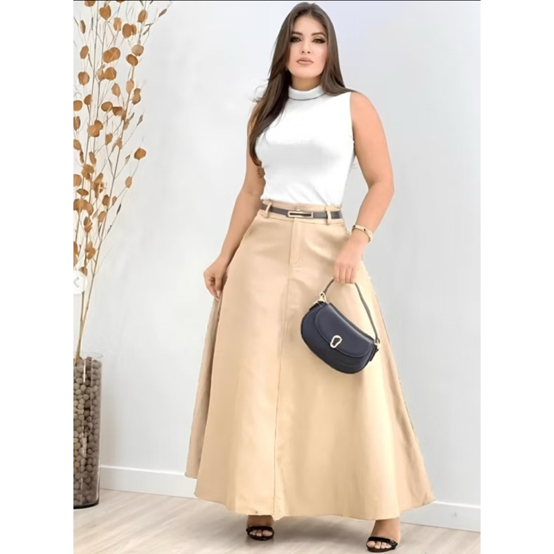 Saia Longa Rodada Feminina Alfaiataria Moda Evangélica Casual Básica Inverno Cintura Alta Elegante Tendência em Oferta na Shopee