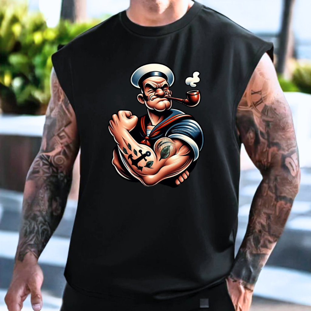 Camiseta Regata Oversized Street Masculina Estampa Popai 100% Algodão Sem Mangas Verão Academia