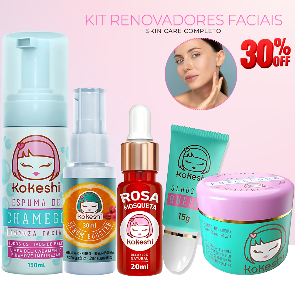 Kit Renovadores Faciais Hidratante Facial Pele de Porcelana Rosa Mosqueta 5 itens Kokeshi