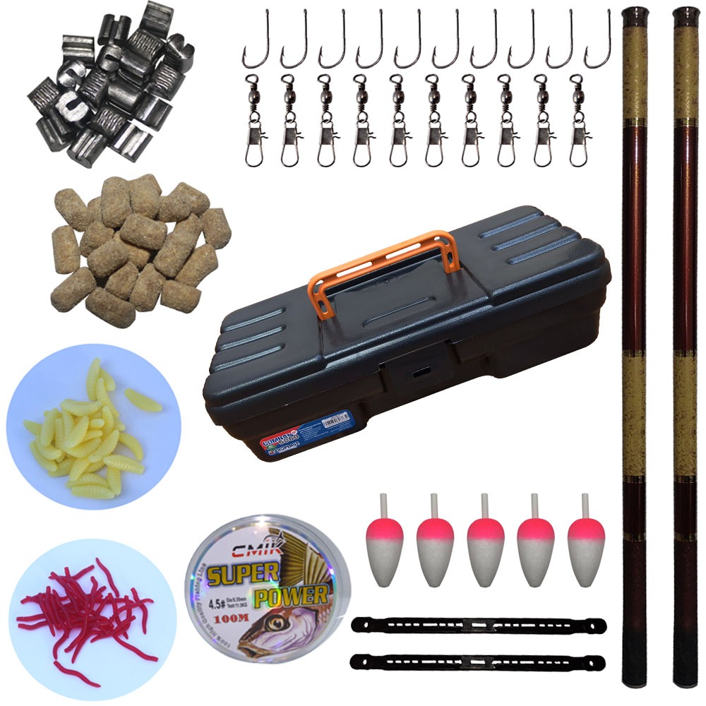 Kit Pesca com estojo para organização, 2 Varas Telescópicas 60% Carbono Resistente, iscas, linha, chumbada, anzol e +