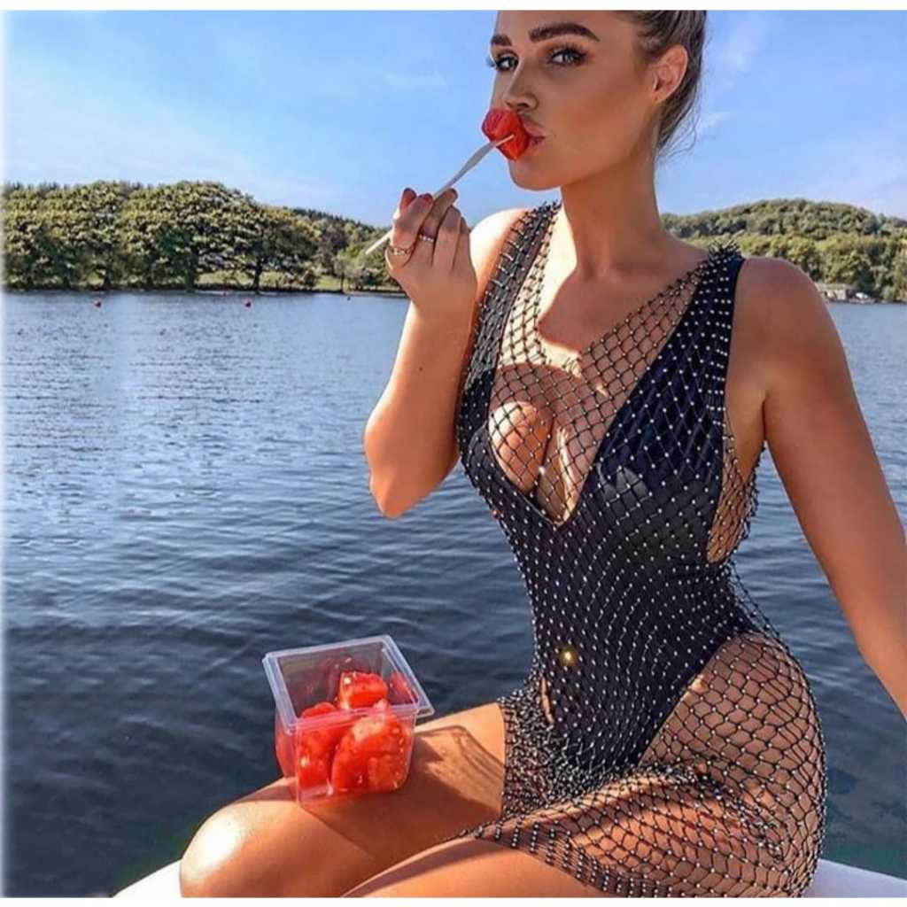 Saida de Praia,Vestido arrastao com,Brilho Feminino, vestido para Festa moda de praia com Strass