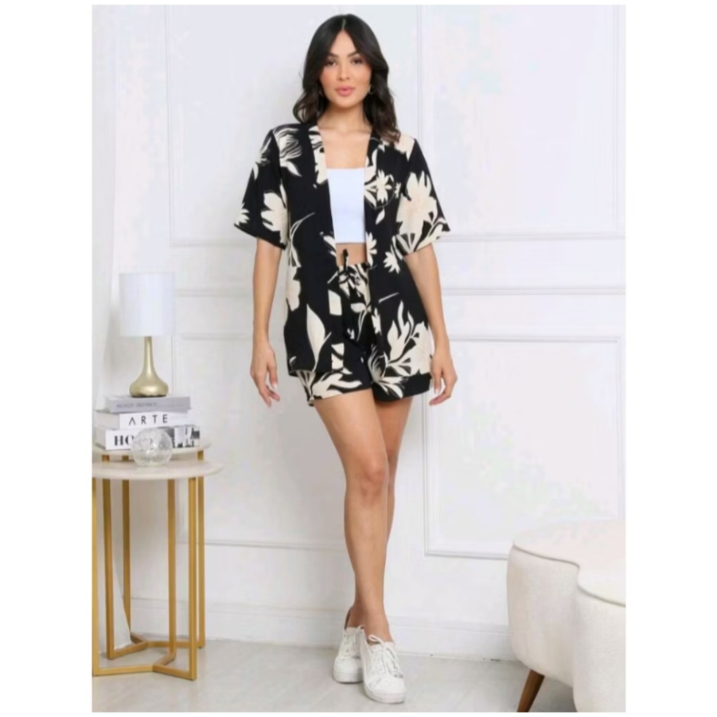 Conjunto Kimono short com elastico na cintura e cardigan, estilo floral, manga médio lançamento verão