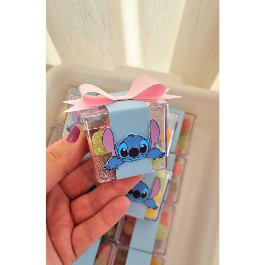 Lembrancinha Stitch Caixa Acrílica com Jujubas Personalizada Festa Infantil