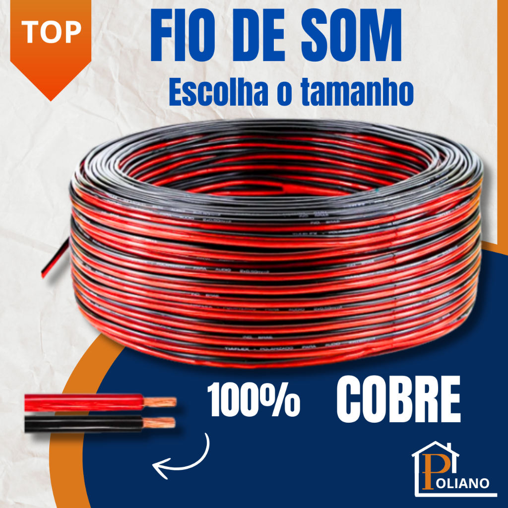 Fio de Som Auto Falante Paralelo Bicolor 2 Vias 100% Cobre Automotivo e Residencial Diversas Medidas