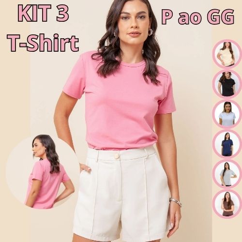 KIT 3 Camiseta Básica T-Shirt Feminina Blusinha 100% Algodão Envio Imediato