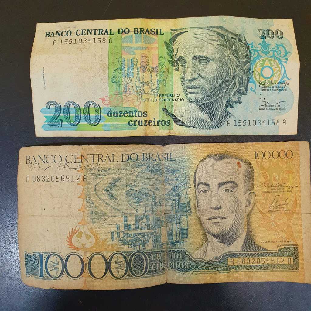 Lote 2 Cédulas Nota Notas Cruzeiros - 100000 & 200 - Usada Com Marcas - Fotos Originais do Produto