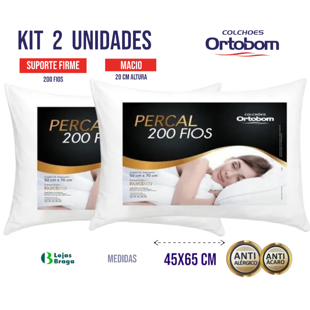 Travesseiros Percal 200 Fios Ortobom Firme Fibra Siliconada Antialérgico Antiácaro 50X70CM em Oferta na Shopee
