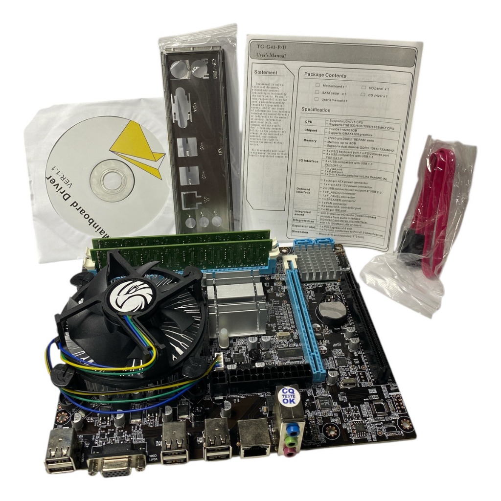 KIT PLACA MÃE 775 DDR3 G41 + PROCESSADOR CORE 2 DUO E7500 2,93 GHz + COOLER + MEMÓRIA RAM 4GB DDR3 1333 MHz