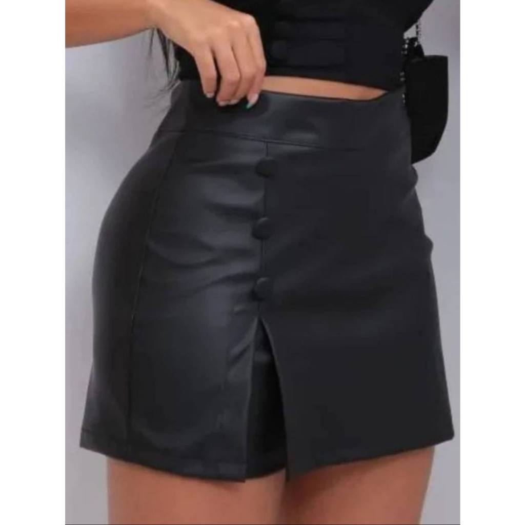 Short Saia Couro Feminino De Botão /Short Saia Couro Fake moda Blogueira