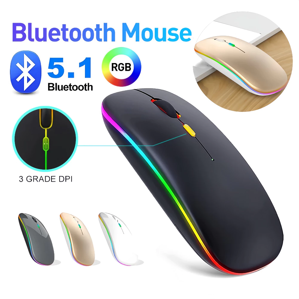 Mouse Sem Fio Recarregável Wireless LED RGB Silencioso Ergonômico PC Notebook Tablet Celular