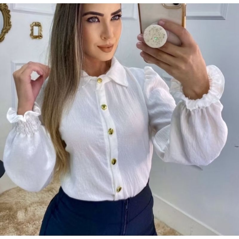 Camisa Social Feminina Manga lastex