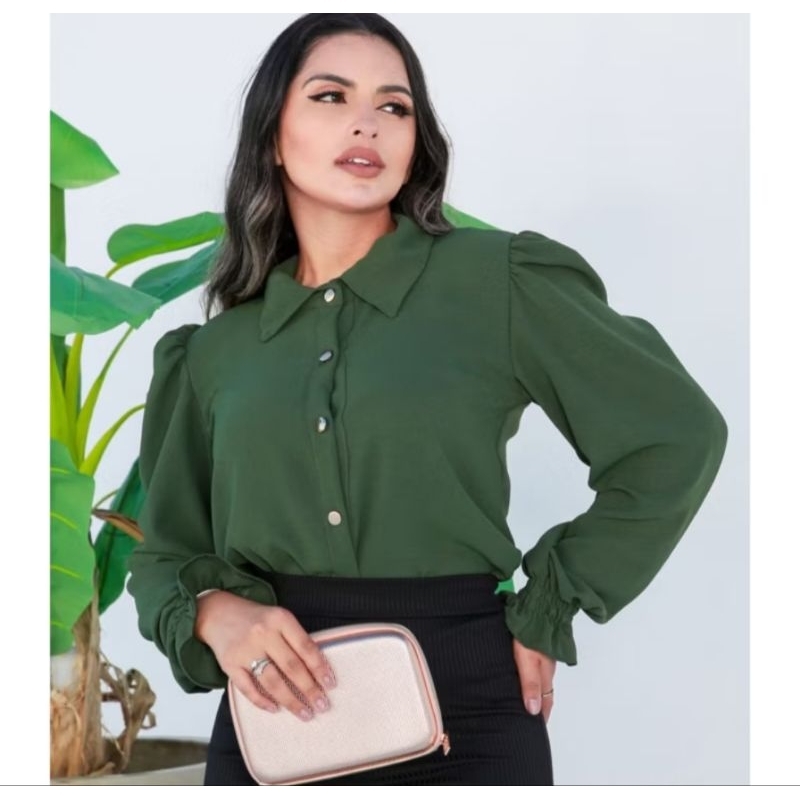 Camisa Social Feminina Boton Manga lastex em Oferta na Shopee