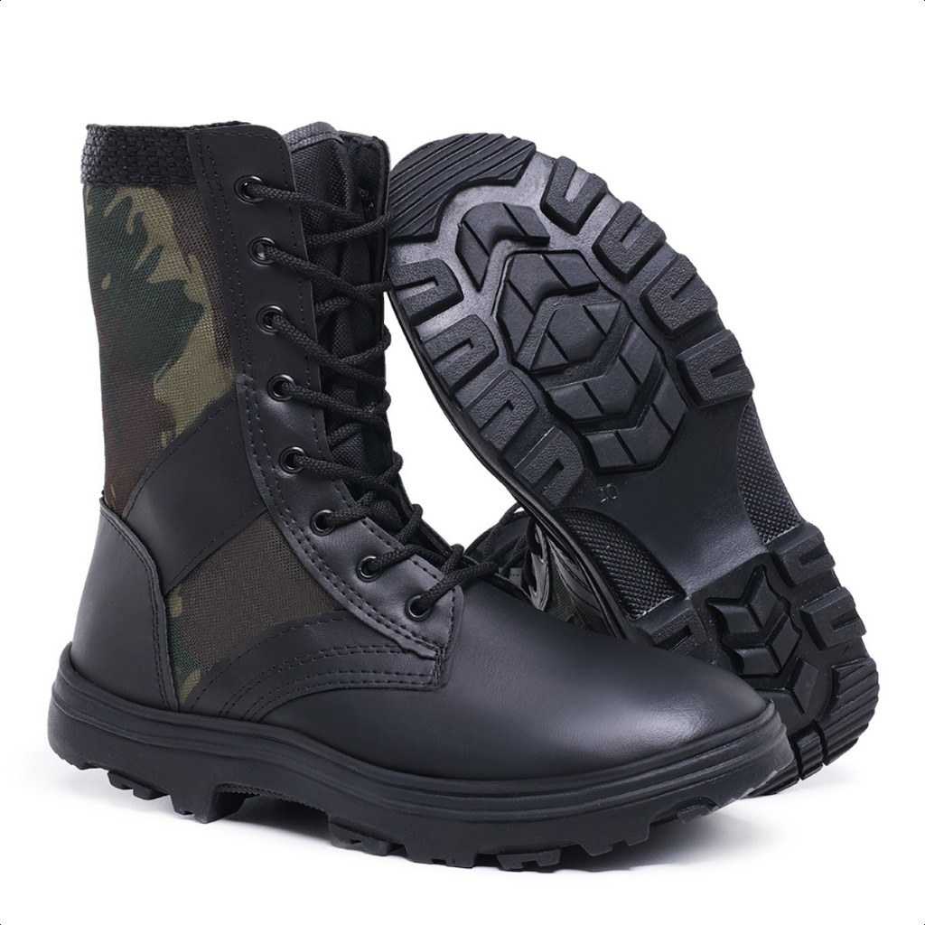 Bota Masculina Militar Tática de Couro Reforçado Impermeável Com Zíper Ajustável Barato