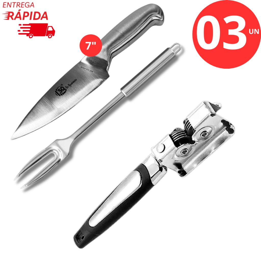 Kit 1 Afiador Amolador de Facas 1 Garfo Trinchante Aço Inox Profissional 1 Faca Peixeira Aço Inox