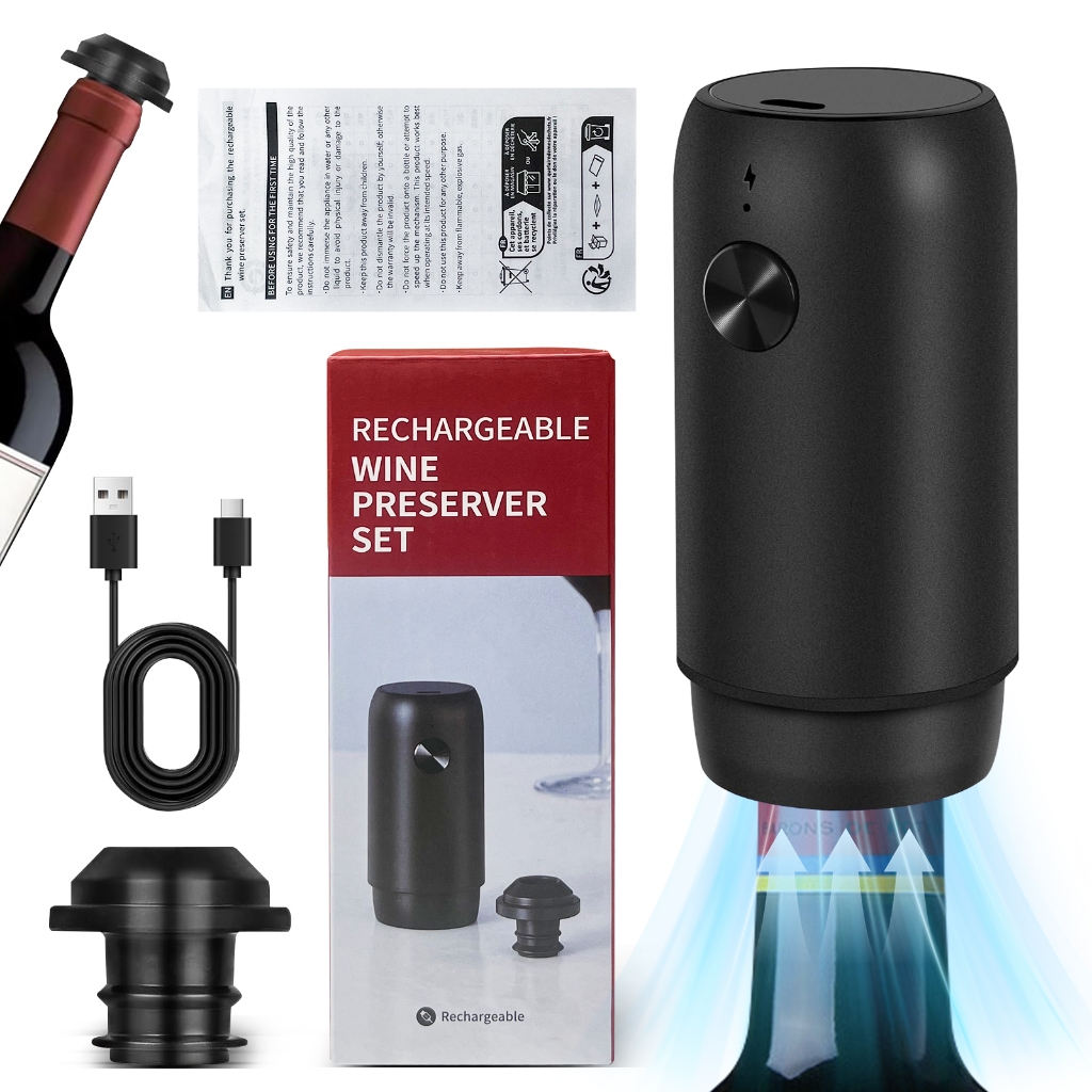 Bomba de vácuo elétrica de aço inoxidável para vinho + 1 rolha de silicone Armazenamento inteligente