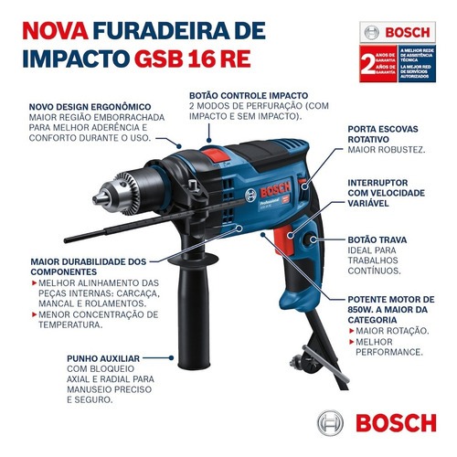 Furadeira Impacto Bosch GSB 16 RE 850w 127v + Maleta · foto 2