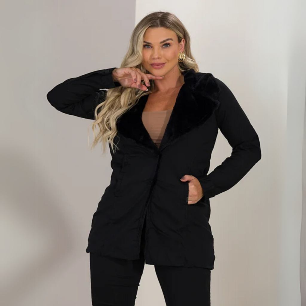 Jaqueta Feminina Sarja Forrada Peluciada Parka Gola de Pelinho Sobretudo Alongado Bolso Funcional