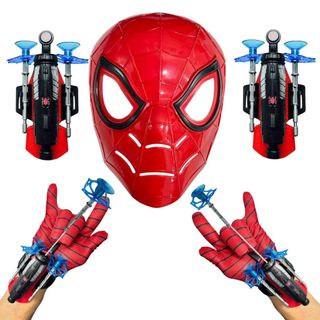 Kit Com 2 Luva Com Lançador De Teia Do Homen Aranha + Mascara Spider Man Conjunto Super Herói
