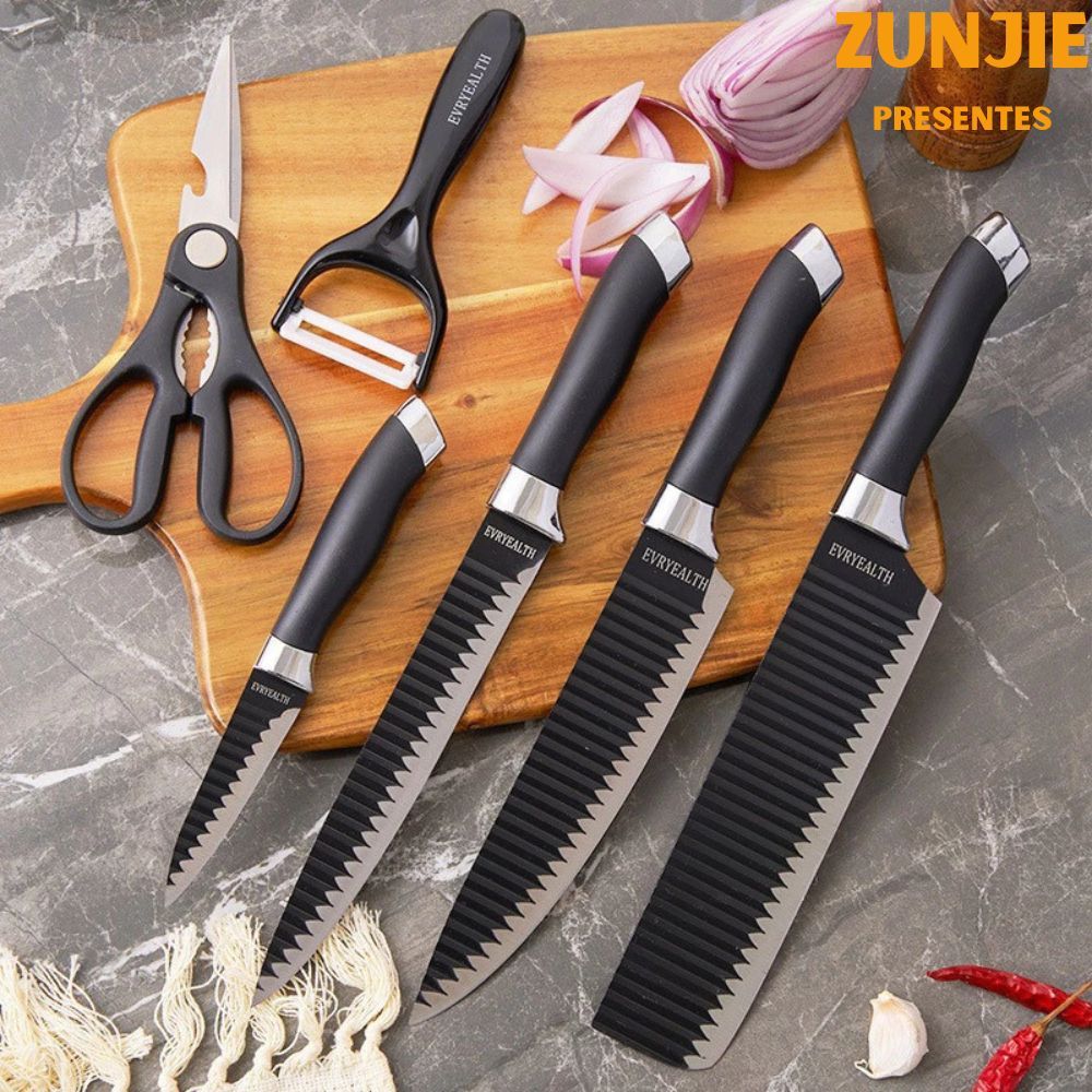 Imagem Kit de 6 Facas Cozinha Churrasco Inox Profissional Antiaderente SZJ-04