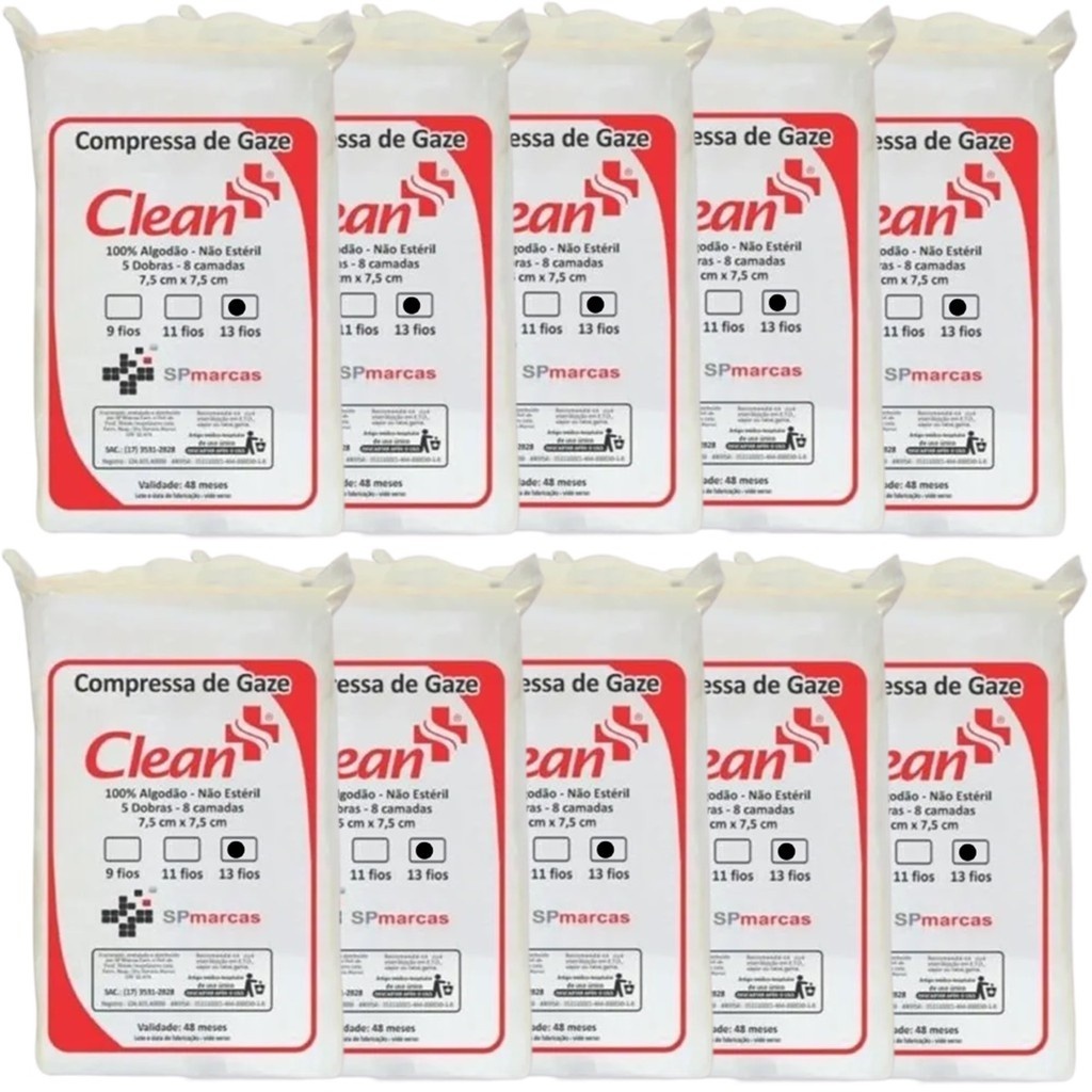 10 Pacotes Compressa De Gaze Hidrófila 13 Fios Não Estéril - CLEAN em Oferta na Shopee