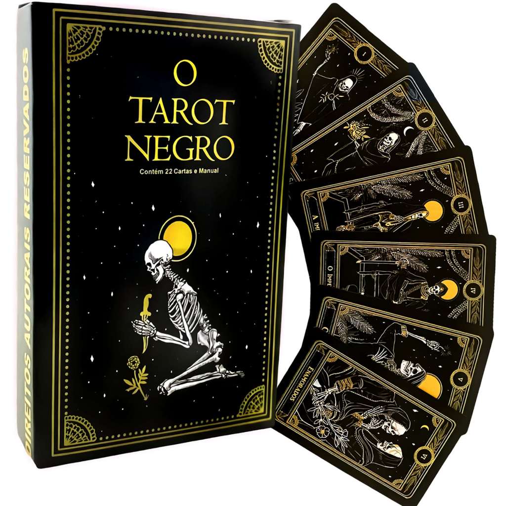 Baralho Tarô Marselha Tarot Negro com 22 Cartas e Manual Arcanos Maiores