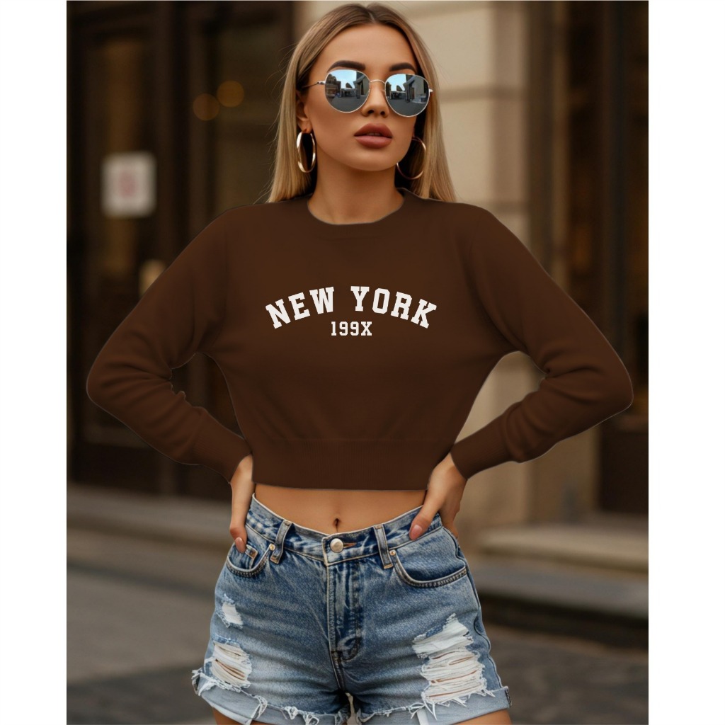 Cropeed Curto Moletom NEW YORK Feminino Flanelado Tendencia em Oferta na Shopee