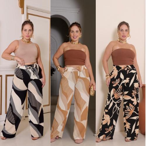 Calça Pantalona Feminina Cintura Alta com Elástico na Cintura com Bolso na Frente  Tecido Duna Estampado