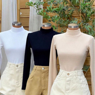 Blusa Feminina Cacharrel Segunda Pele Manga Longa Gola Alta Canelada Algodão em Oferta na Shopee