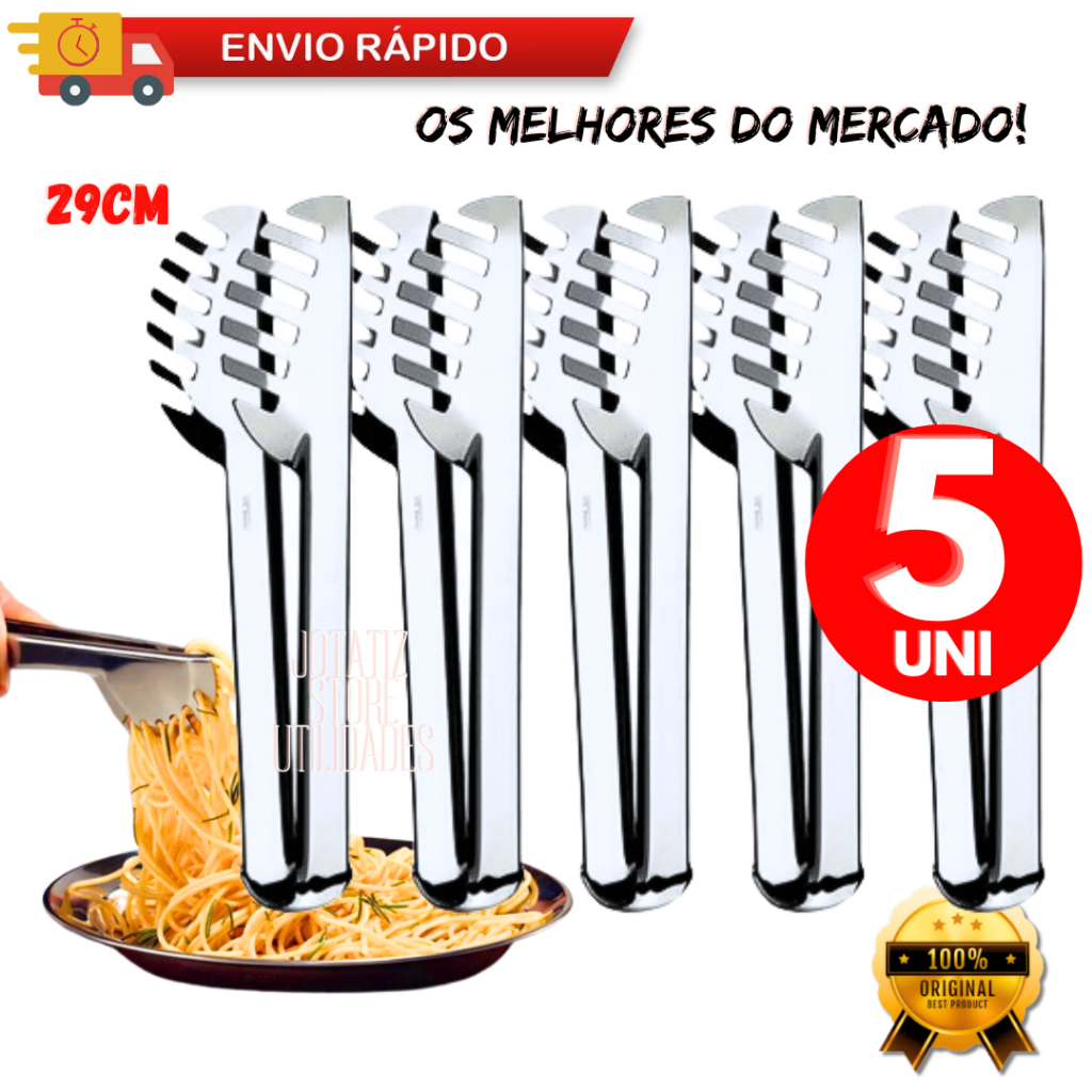 Kit 5 Pegadores De Massa Macarrão Salada Alface Carne Pão Universal 29Cm Pegador Utensílio De Cozinha Aço Inox