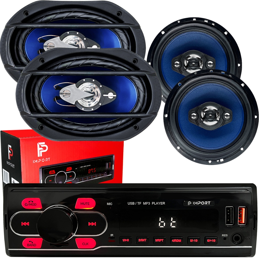 Kit Som Radio Mp3 Bluetooth Usb Sd Aux Com Controle + Alto Falantes 6 + 6x9 Polegadas 4 ohms - Spare Parts and Accessories for Vehicles
