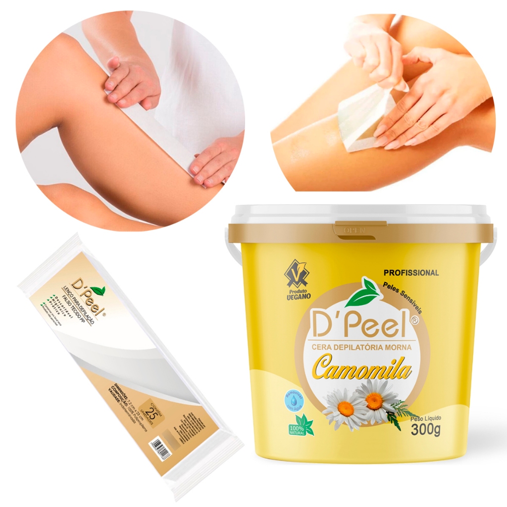 Kit Cera Depilatória 300g Hidrossolúvel Quente Facial Buço Sobrancelha Perna Lenço Chocolate Branco Mel Camomila Dpeel