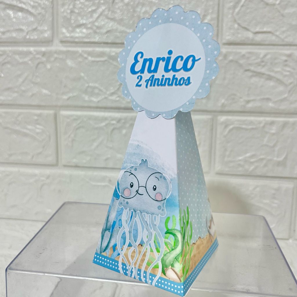 Caixa Pirâmide Personalizada FUNDO DO MAR AZUL - Caixinhas Personalizadas - Aniversário/Lembrancinhas/PAPEL FOTOGRÁFICO
