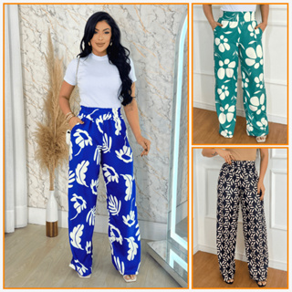 Calça Feminina Pantalona Estampada Com Elástico e Bolsos Laterais Tendência Elegante em Oferta na Shopee