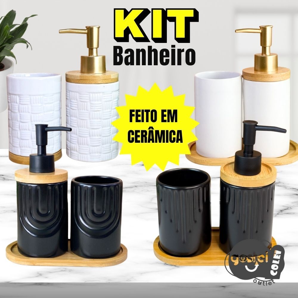 Kit Banheiro Lavabo 2 ou 3 Peças Porta Sabonete Liquido e Porta Escova Cerâmica Decorativa
