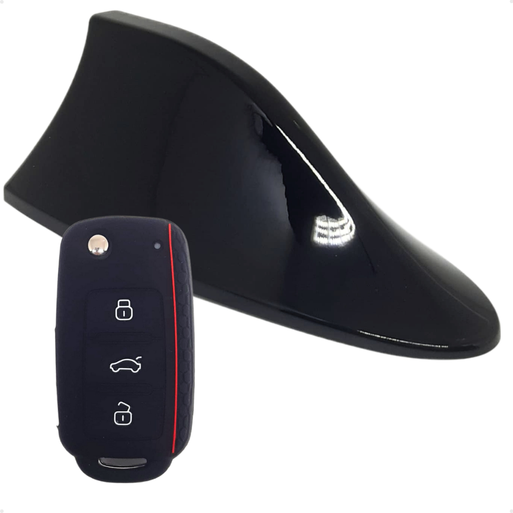 Kit Antena Shark Tubarão + Capinha Chave VW Gol Parati Saveiro G4, Polo Hatch 2003-2014, Up! e Golf