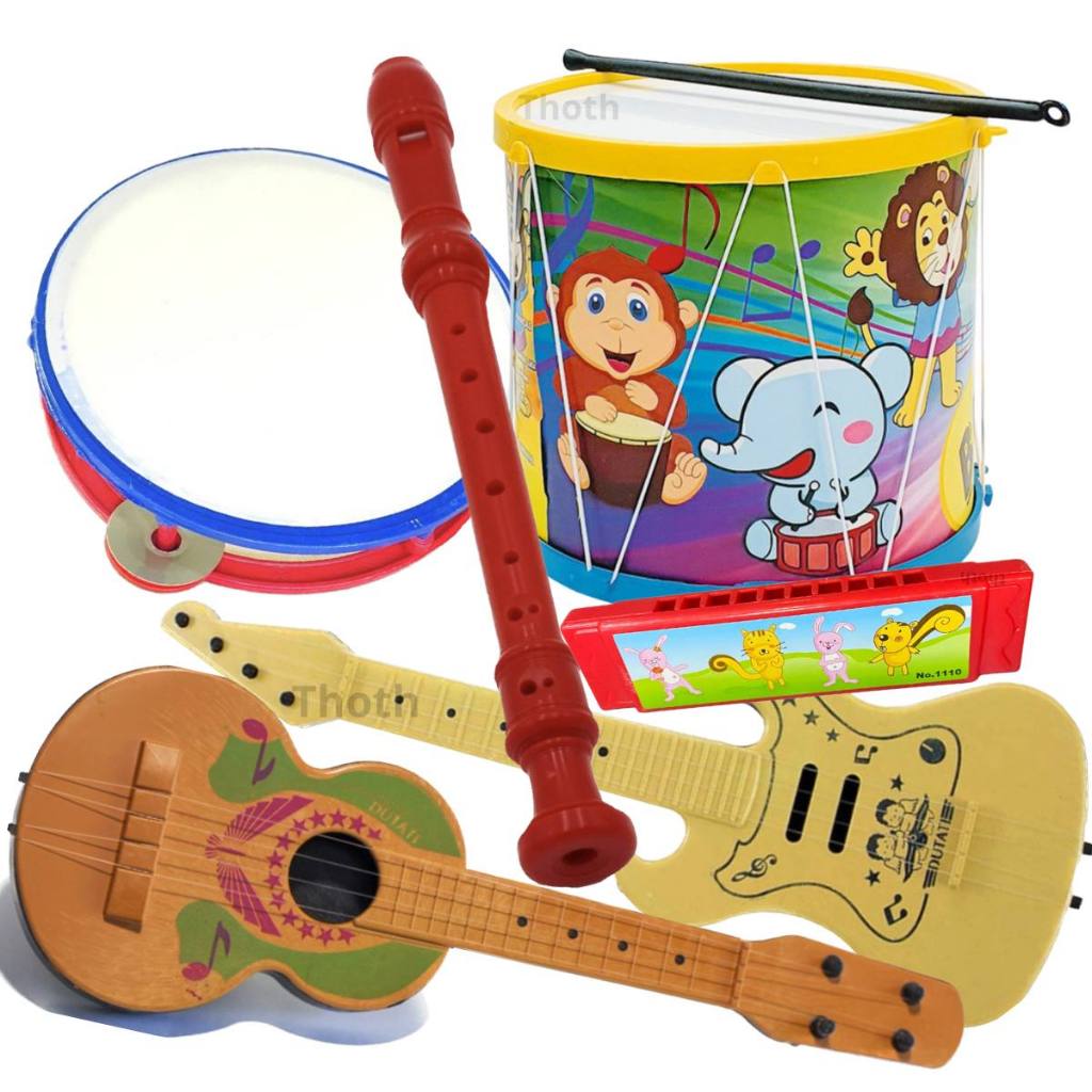 Kit 6 Instrumentos Musical Infantil Tambor Grande Gaita pandeiro Guitarra Flauta Bumbo Violinha NF
