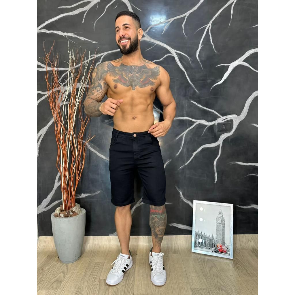 BERMUDA Masculina Jeans PRETA Lisa - Elastano Lycra - Short Jeans Masculino