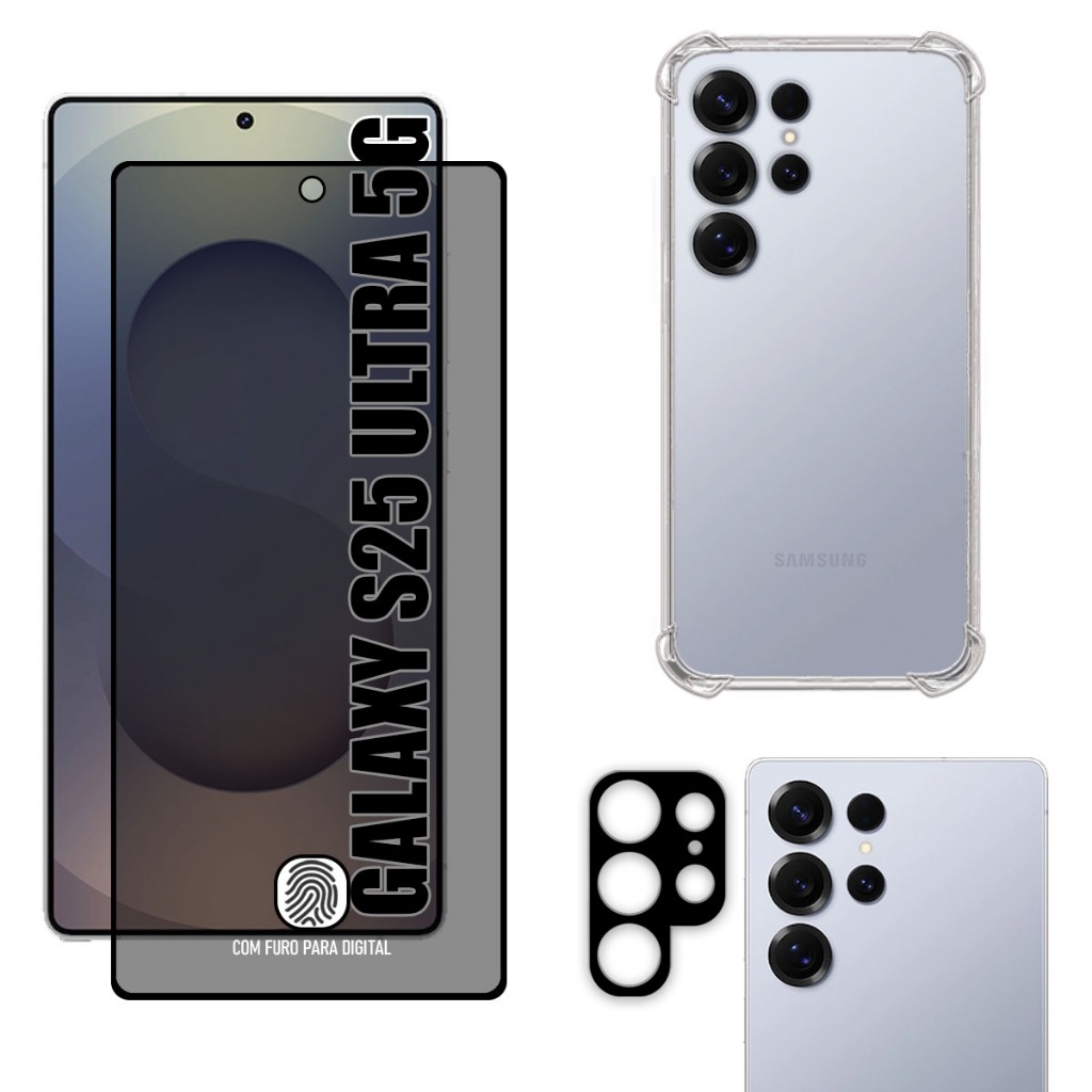 Kit Para Galaxy S25 Ultra 5G | Película de Privacidade 3D - Capa Anti Shock - Película da Câmera 3D